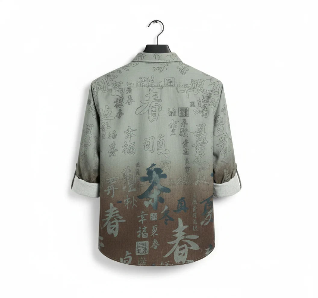 Green Brown Chinese Print Full Sleeve Shirt for Men