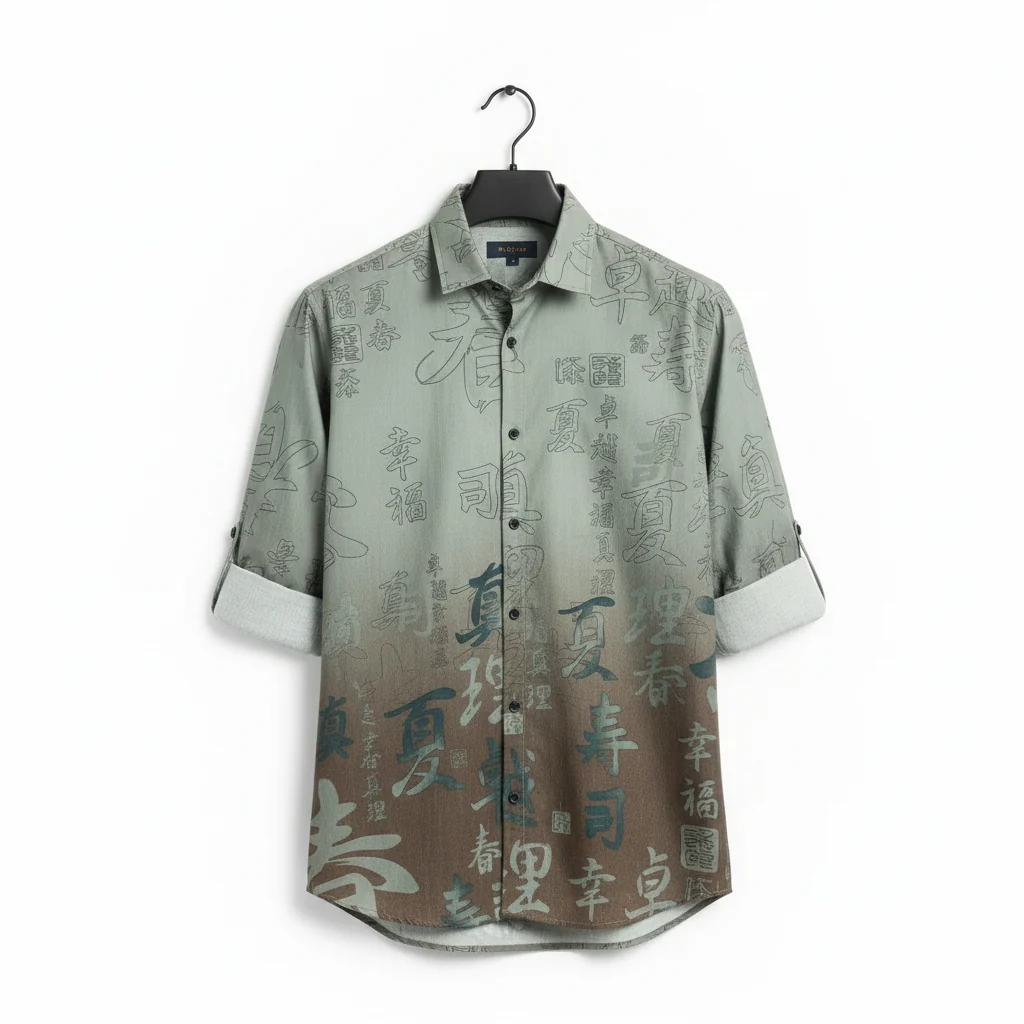 Green Brown Chinese Print Full Sleeve Shirt for Men