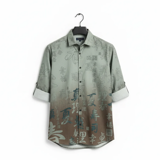 Green Brown Chinese Print Full Sleeve Shirt for Men
