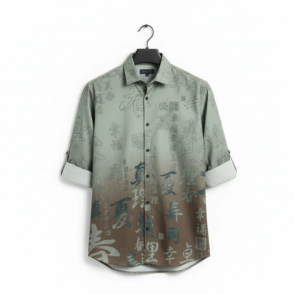 Green Brown Chinese Print Full Sleeve Shirt for Men