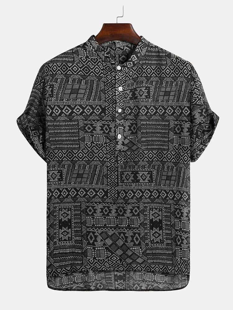Black Grey Tribal Geometric Print Half Sleeve Shirt for Men