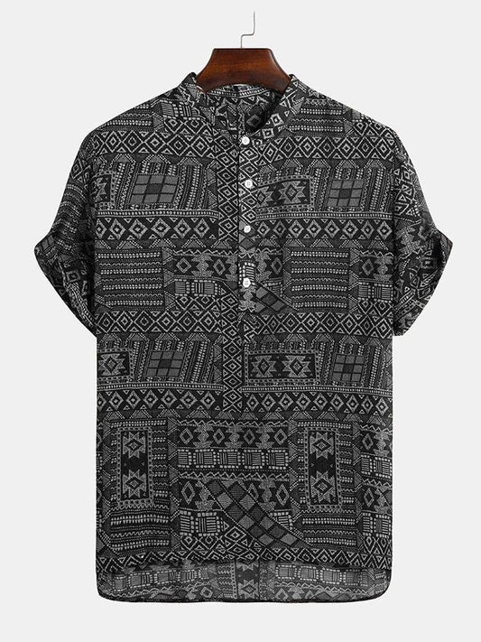 Black Grey Tribal Geometric Print Half Sleeve Shirt for Men