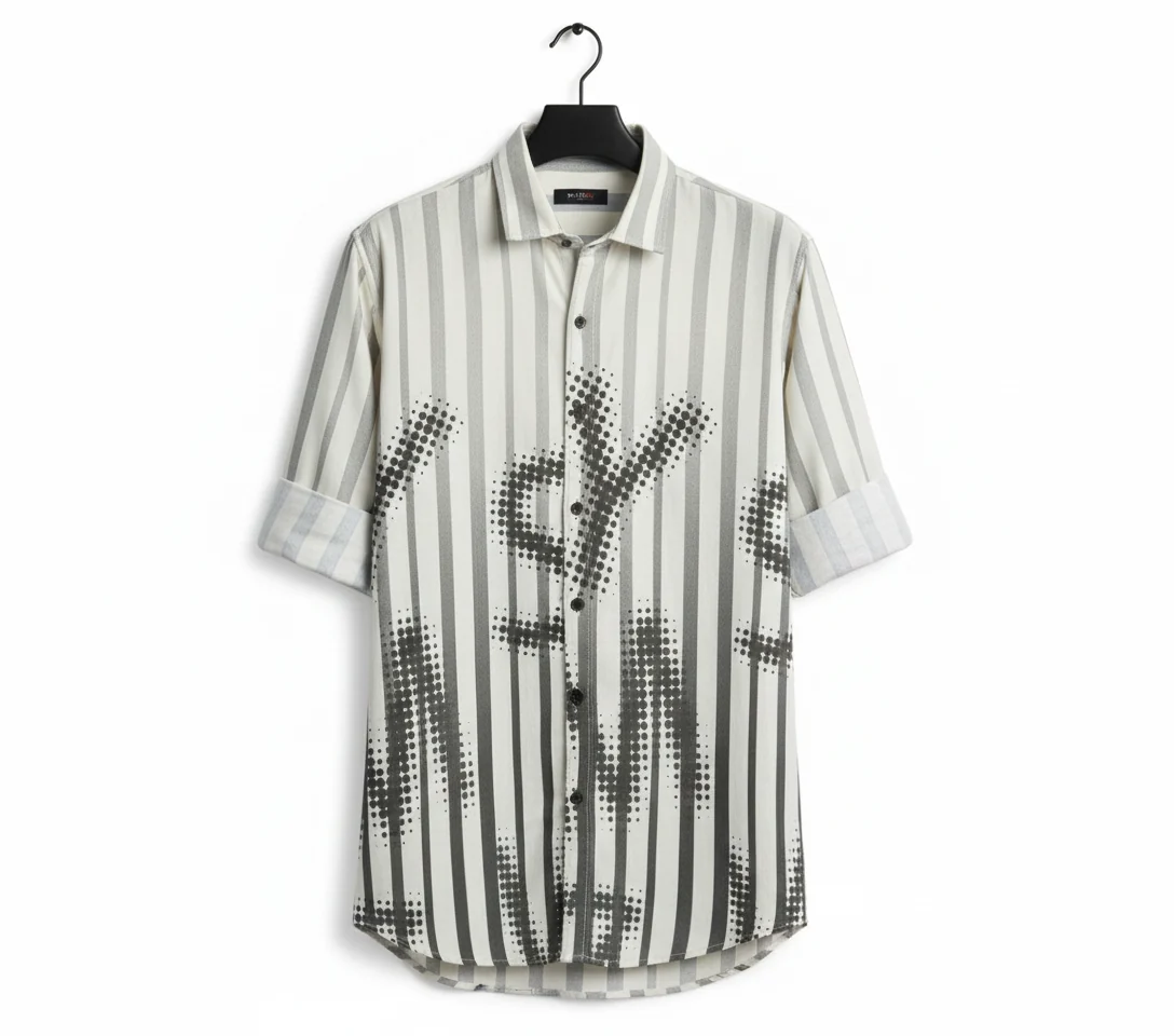 White Grey Striped Graphic Half Sleeve Shirt for Men