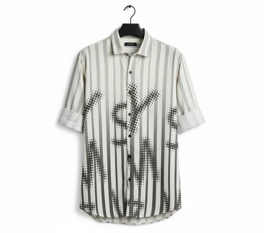 White Grey Striped Graphic Half Sleeve Shirt for Men