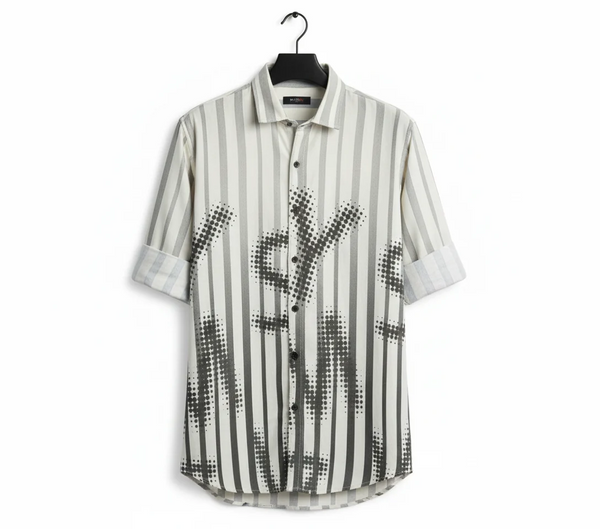 White Grey Striped Graphic Half Sleeve Shirt for Men