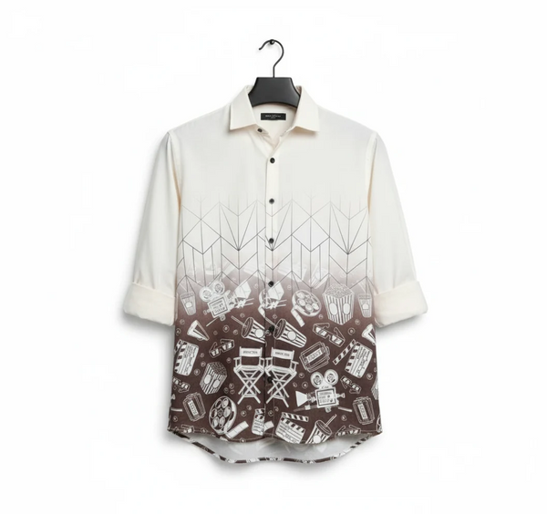 White Brown Cinema Print Half Sleeve Shirt for Men