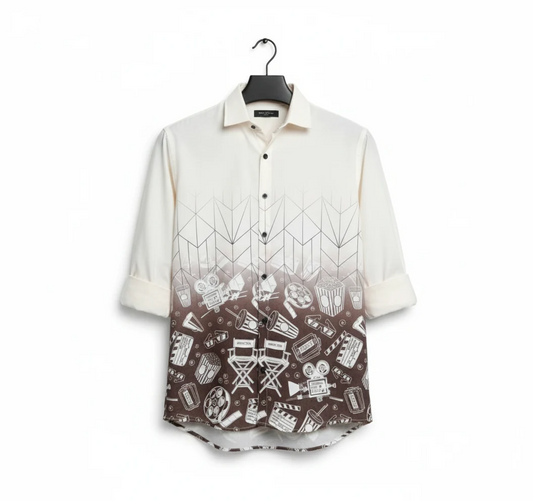 White Brown Cinema Print Half Sleeve Shirt for Men