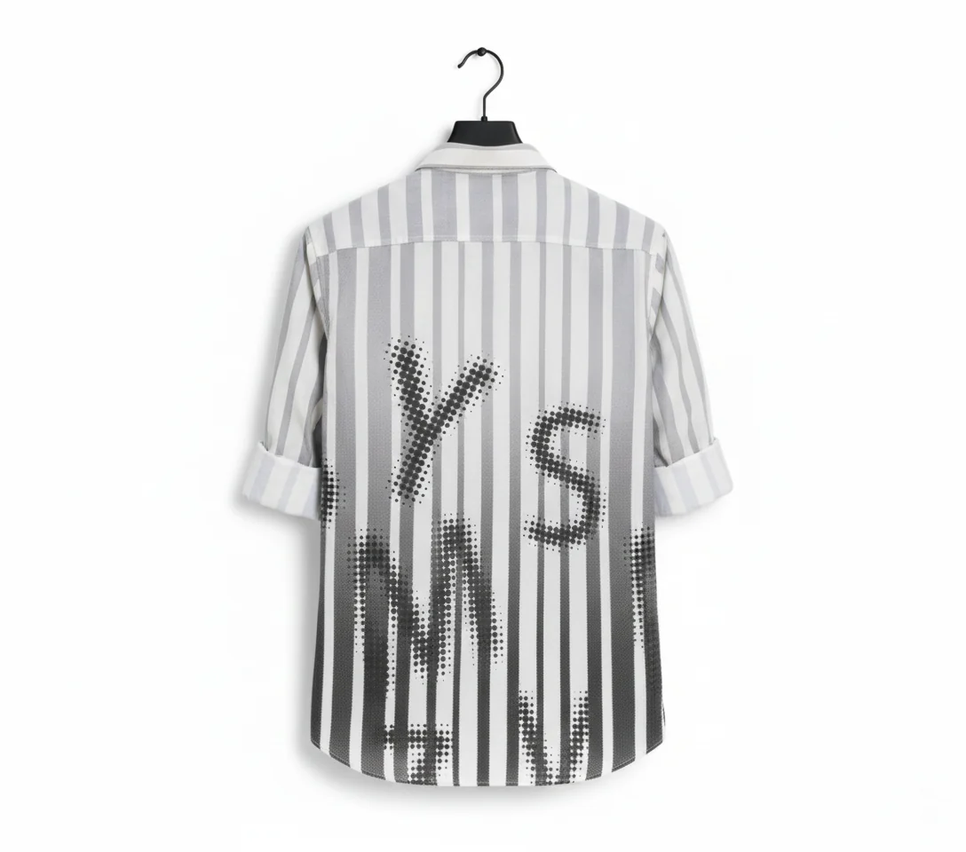 White Grey Striped Graphic Half Sleeve Shirt for Men