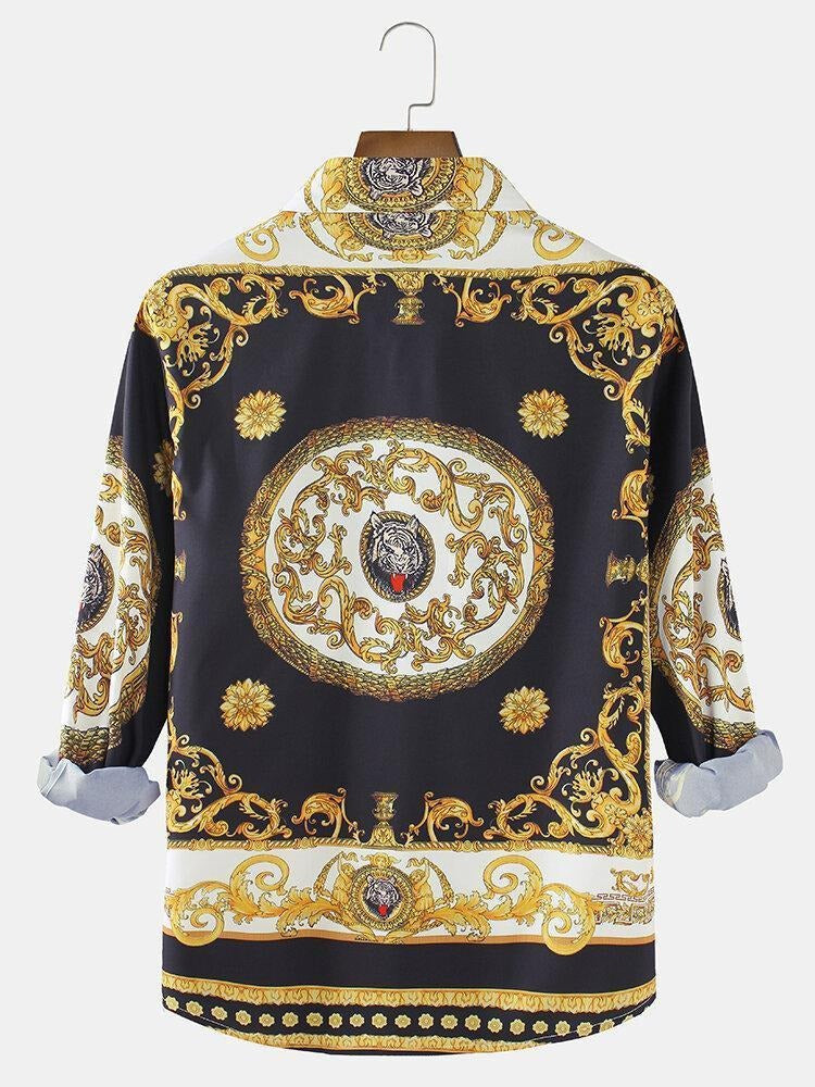 Black Gold Baroque Print Full Sleeve Shirt for Men