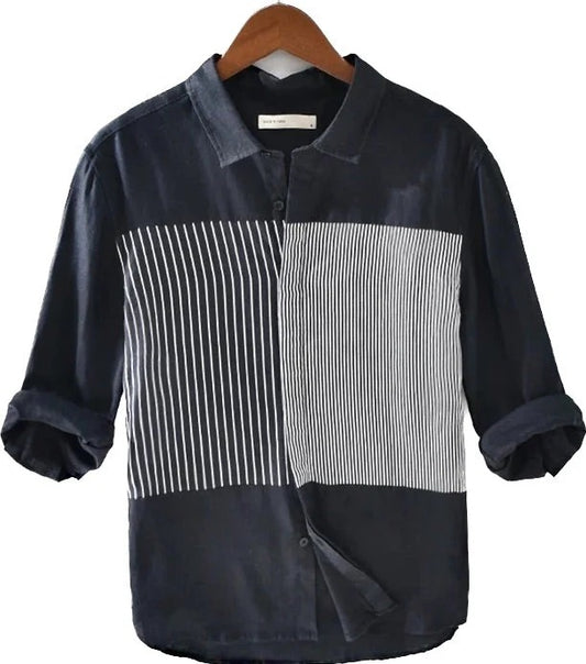 Navy Blue White Striped Graphic Shirt for Men