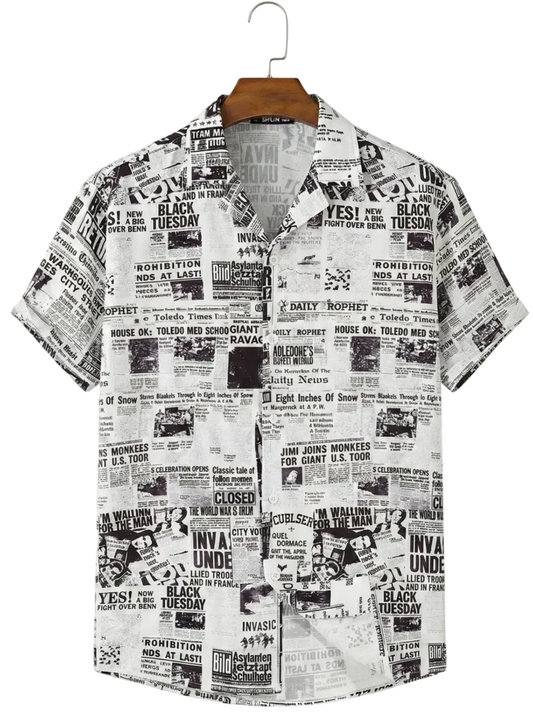 Black White Newspaper Print Half Sleeve Shirt for Men