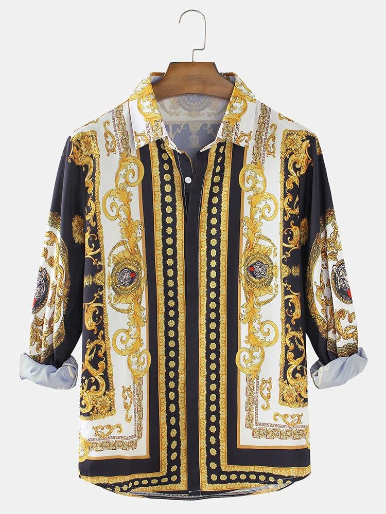 Black Gold Baroque Print Full Sleeve Shirt for Men