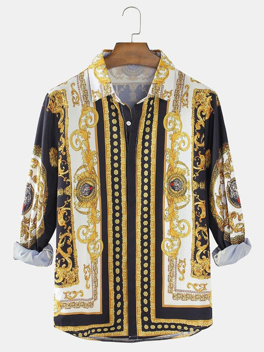Black Gold Baroque Print Full Sleeve Shirt for Men